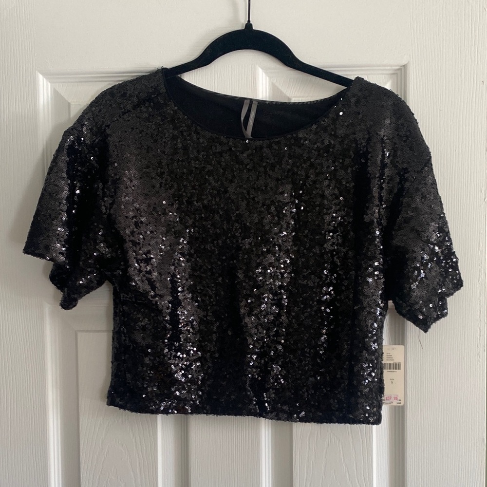 Anthropologie Black Sequin Crop Top